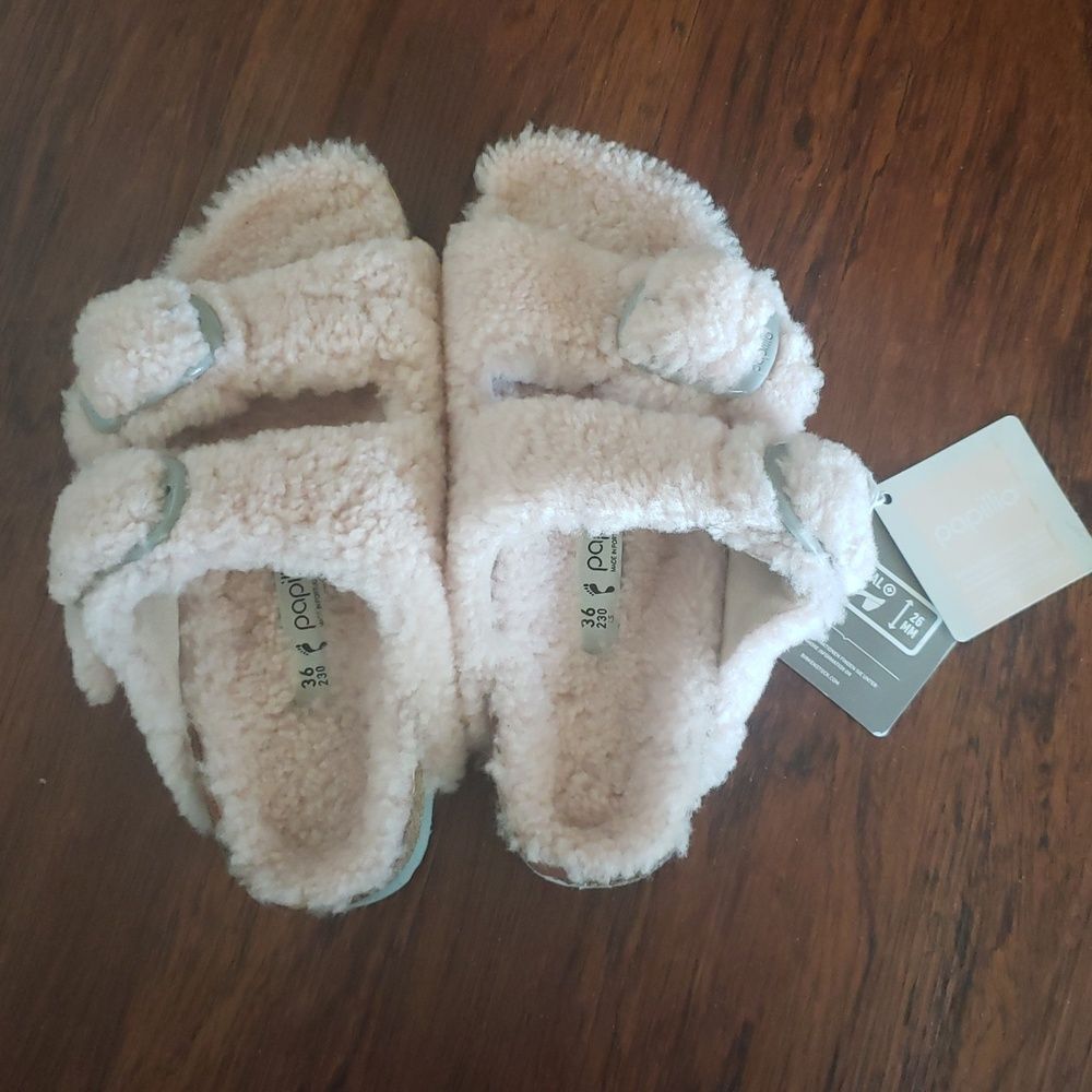 Birkenstock Papillio Baby Pink Gray Buckle Shearling Platform Sandal Size 36 New - Picture 4 of 6